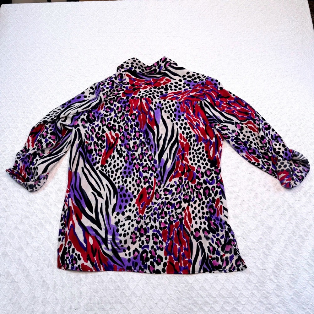 Women Multi Color Animal Print Button Down Blouse Purple Red Leopard Zebra